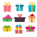 Vector set of different gift boxes. Flat birthday design. Royalty Free Stock Photo