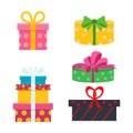 Vector set of different gift boxes. Flat birthday design.