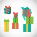 Vector set of different gift boxes with ribbon bows. Holiday colored present boxes, bright wrapping gifts. Surprise Royalty Free Stock Photo