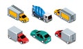 Vector set of different isometric automobiles. Passenger car, cargo trucks and concrete mixer machine. Transport theme Royalty Free Stock Photo