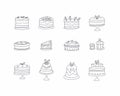 Vector set of different line cakes, pies and cupcakes