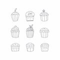 Vector set of different line cupcakes and muffins