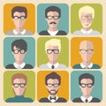 Vector set of different man app icons in glasses in flat style.