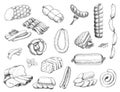 Vector set of different meat products in sketch style. Sausages, ham, bacon, lard, salami