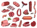 Vector set of different meat products in sketch style. Sausages, ham, bacon, lard, salami