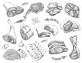 Vector set of different meats in sketch style