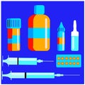 Vector set of different medicines on blue background. Medical concept. Royalty Free Stock Photo