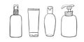 Vector set of different outline bottles, tubes, flacons, cosmetic product. Cliparts on theme beauty industry, toiletries Royalty Free Stock Photo