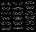 Vector set of different pairs of angel wings. Hand-drawn, doodle elements isolated on black background.