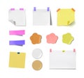 Vector set of different paper stickers, taped and pinned blank sheets, stricky notes, colorful memo.