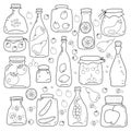 Vector set of different pots and bottles. Pots with fruits and vegetables. Jam and canned food. Vector illustration in