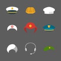 Vector set of different professions hats icons in trendy flat style.