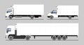 Vector set of different refrigerated trucks, side semi-trailer, side view. White blank truck template for advertising. Freight Royalty Free Stock Photo