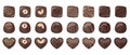 Vector set of different shaped dark chocolate sweets decorated with nuts and cream isolated on white