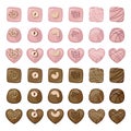 Vector set of different shaped pink and milk chocolate sweets decorated with nuts and cream isolated on white