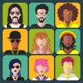 Vector set of different subcultures man and woman app icons in trendy flat style. Goth, raper, hippy, hipster,raver etc.