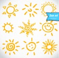 Vector set of different suns , hand drawn illustration Royalty Free Stock Photo