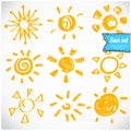Vector set of different suns , hand drawn illustration Royalty Free Stock Photo