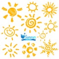 Vector set of different suns , hand drawn illustration Royalty Free Stock Photo