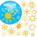 Vector set of different suns , hand drawn illustration Royalty Free Stock Photo