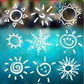 Vector set of different suns isolated, hand drawn illustration