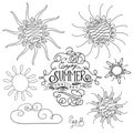 Vector set of different suns isolated, hand drawn illustration