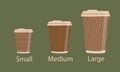 Vector set of different take away coffee. Paper cup size chart: small, medium, large. Coffee to go. Take away. Bar menu Royalty Free Stock Photo