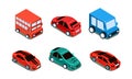 Vector set of different types of automobiles bus, passenger cars and van. Transport theme. Colorful isometric icons