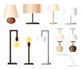 Vector set of different types of indoor lighting: pendant, ceiling light, spotlight, wall light, table shade lamps, reading lamp a Royalty Free Stock Photo