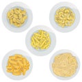 Vector set of different types of pasta in plates isolated on white background.