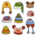 Vector set of different winter hats with animals Royalty Free Stock Photo