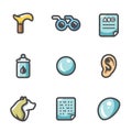 Vector Set of Disability Icons. Lameness, Blindness, Diagnostic, Prevention, Vision, Eye, Contact Lens, Guide, Braille