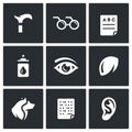 Vector Set of Disability Icons. Lameness, Blindness, Diagnostic, Prevention, Vision, Eye, Contact Lens, Guide, Braille