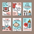 Vector set of discount coupons for baby goods. Colorful doodle style voucher templates. Baby accessories and clothes