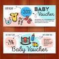 Vector set of discount coupons for baby goods. Colorful doodle voucher templates. Newborn accessories and clothes promo