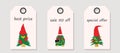 Vector set of discount price tags. Labels with Cute Christmas gnomes made of Christmas tree.
