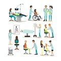 Vector set of doctors and patients characters on white background. People in hospital.