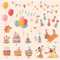 Vector set of Dog Birthday party and elements for design - dogs, cakes, bones, champagne, garlands, tubules, holiday Royalty Free Stock Photo