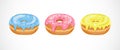 Vector set of Donut isometric icons with colorful glaze and sugar icing. Royalty Free Stock Photo