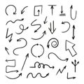 Vector set of doodle arrows on white background. Handmade by brush and pencil. Royalty Free Stock Photo