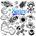 Vector set of doodle cosmos illustrations. Rocket, space shuttle, astronaut, stars, UFO, moon, satellite, planets, sun. Royalty Free Stock Photo