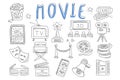 Vector set of doodle icons related to cinema. Movie production objects. Videocassette, director s chair, retro