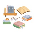 Vector set of doodle illustrations, cartoon style. Reading, bookshelf, classic literature. Audiobooks