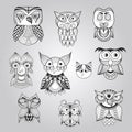 Vector Set of 10 Doodle Owls