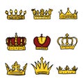 Vector Set of Doodle Royal Crown Icons Royalty Free Stock Photo