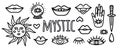 Vector set of doodle stickers for tattoos with mystical eyes, dagger, lips, hipster and ezeteric symbols. Tattoo and line art