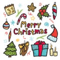 Vector set in doodle style Merry Christmas and Happy New Year. Greeting stylish illustration of winter elements Royalty Free Stock Photo