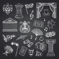Vector set of doodle theatre elements on black chalkboard illustration Royalty Free Stock Photo