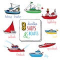 Vector set of doodles marine vessel icons.