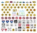 Vector set of doodles road signs and vehicles.